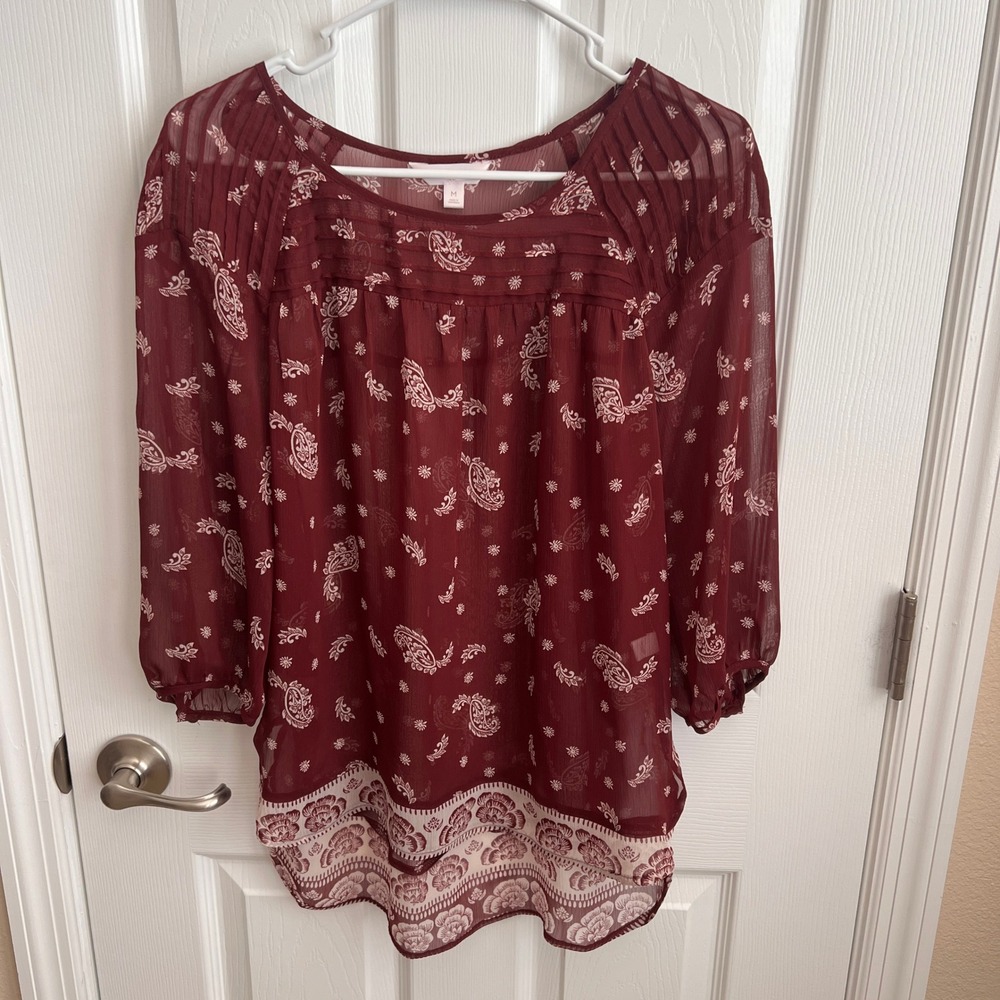 LC Lauren‎ Conrad Paisley Blouse Sheer 3/4 Sleeve Top Maroon Size M